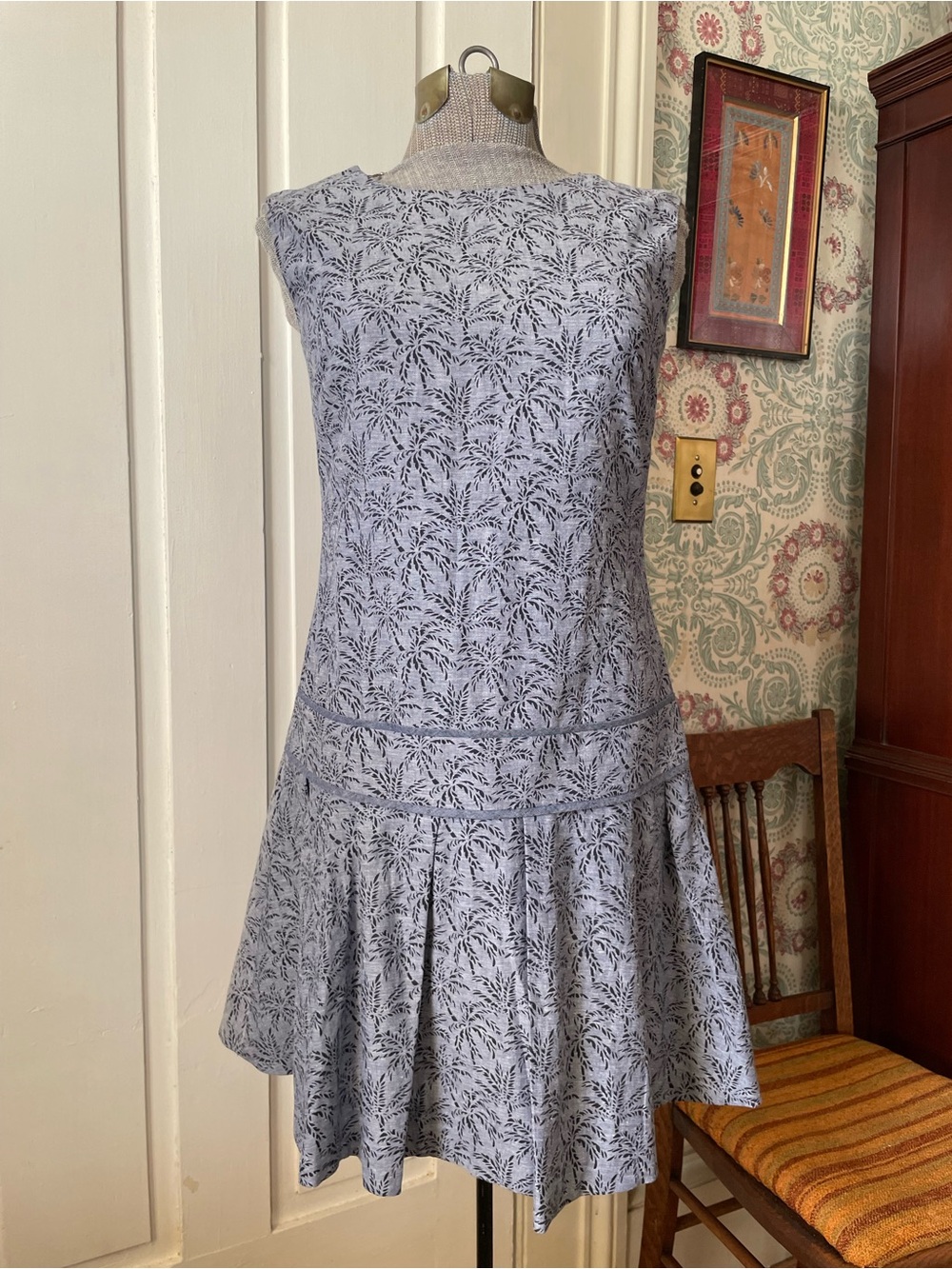 J CREW 2015 Blue Drop Waist Sleeveless Dress with Palm Tree Pattern